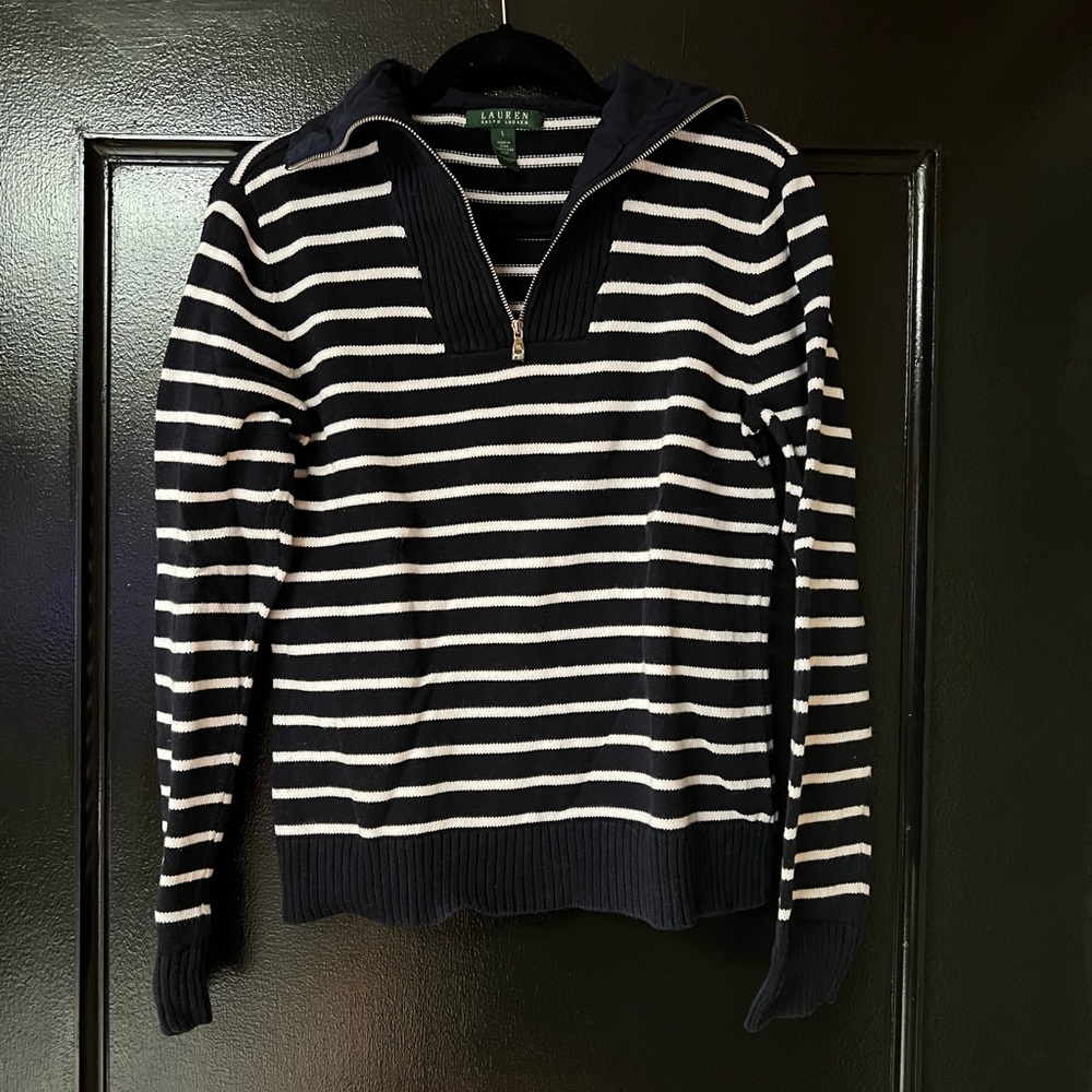 Ralph Lauren Quarter Zip Blue and White Cotton Sweater